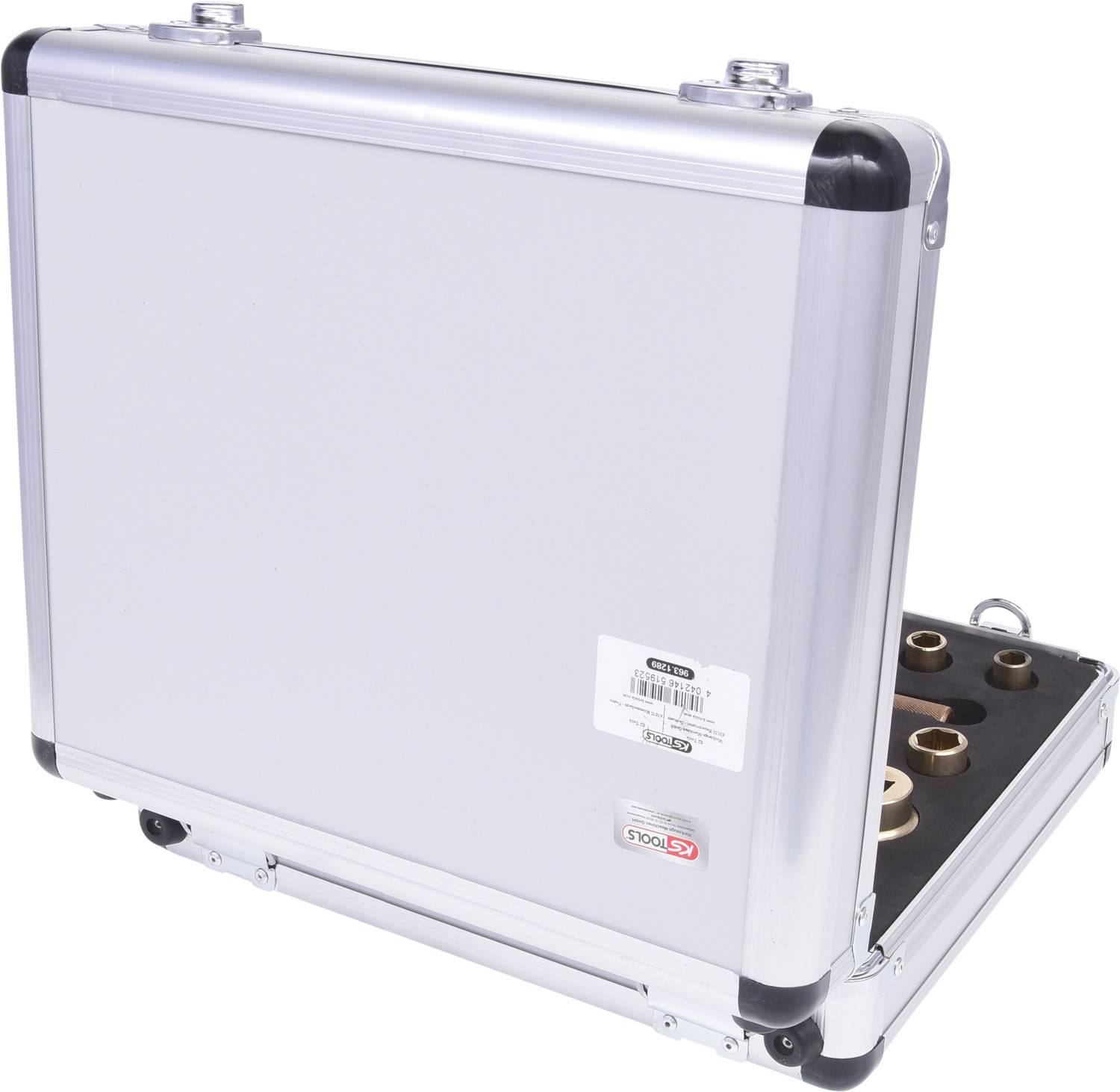 An open silver aluminium case with foam insert containing several cylindrical metal objects.