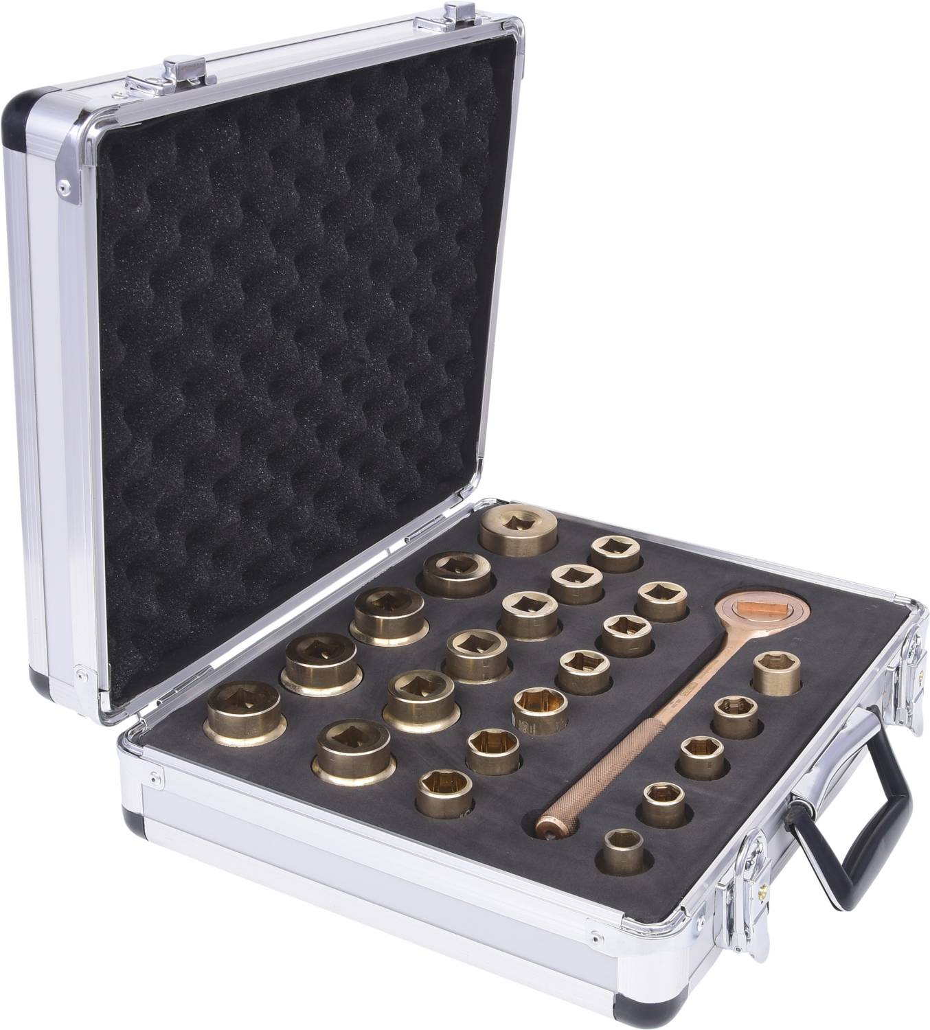 Metal case with various socket wrenches and a spanner in a foam insert, opened.