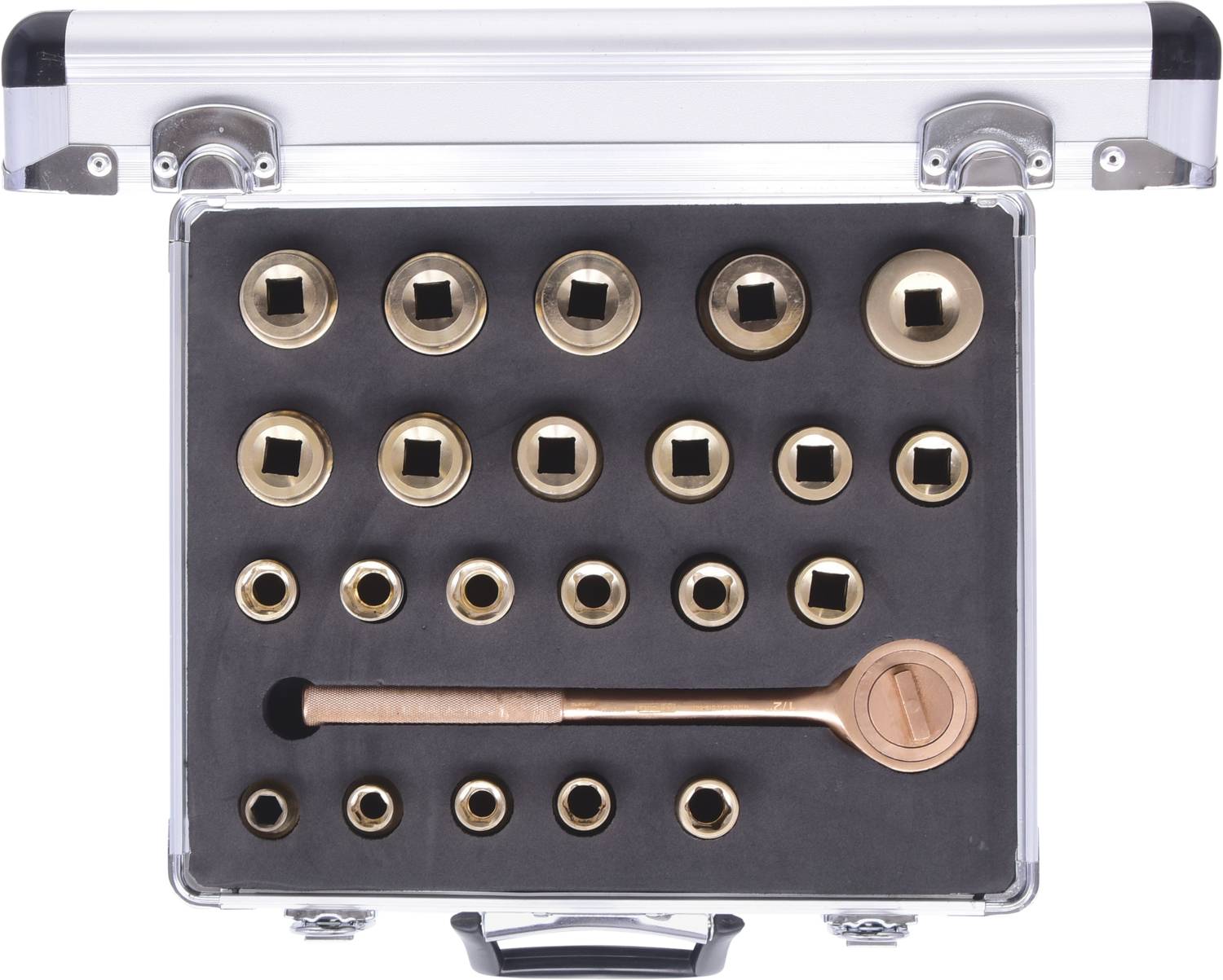 Tool case with various socket wrenches and a ratchet spanner in an organised layout.
