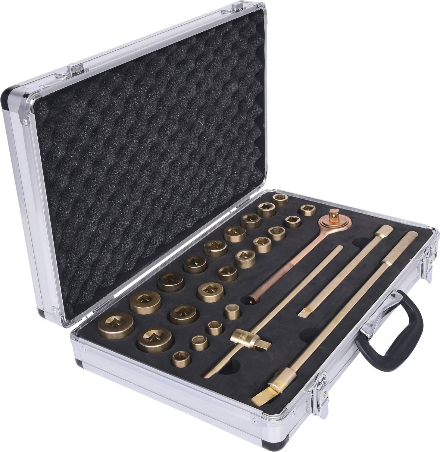 Tool case with various metal attachments and tools, suitable for specific technical applications or repairs.
