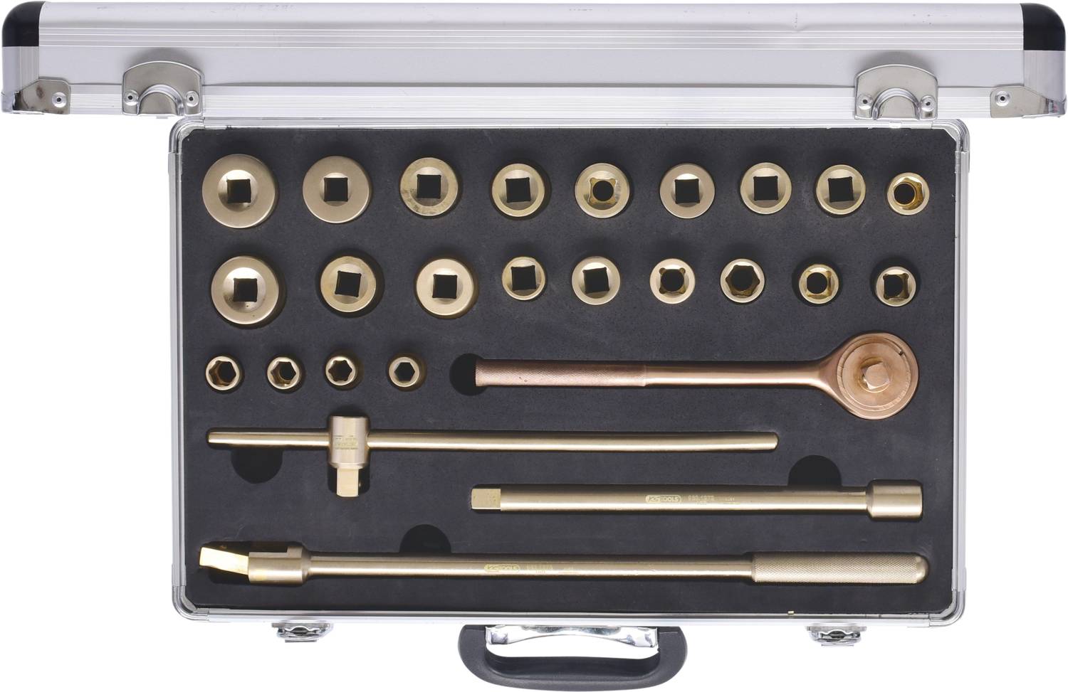 A silver case with various brass socket keys and extensions, arranged in rows on black foam.