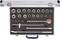 A silver case with various brass socket keys and extensions, arranged in rows on black foam.