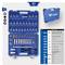 A blue tool case with a 61-piece socket set, ratchet handle, and sockets of various sizes.