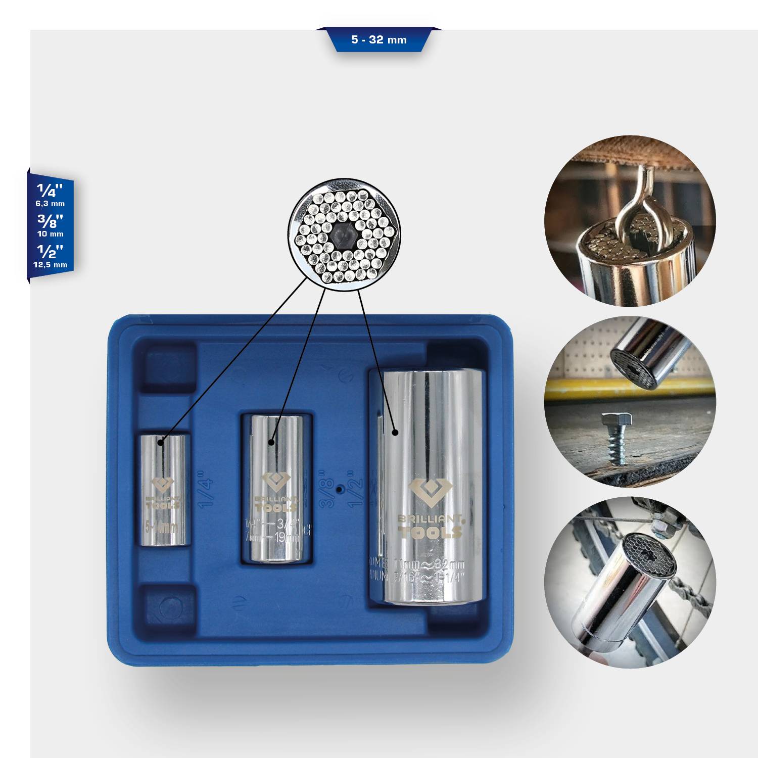 Kit with three socket nuts in a blue case. Close-up of the internal components and details for use on screws and nuts. Size specifications 1/4", 3/8", 1/2".