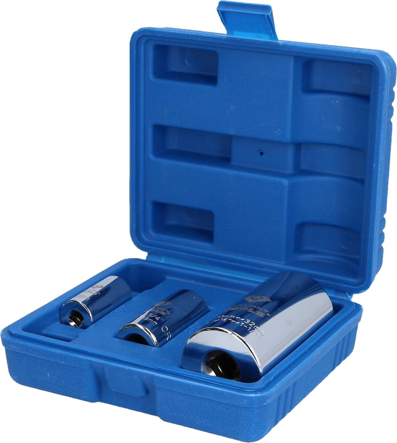 A blue plastic case contains three silver wheel nuts in different sizes, used for securing wheel nuts.