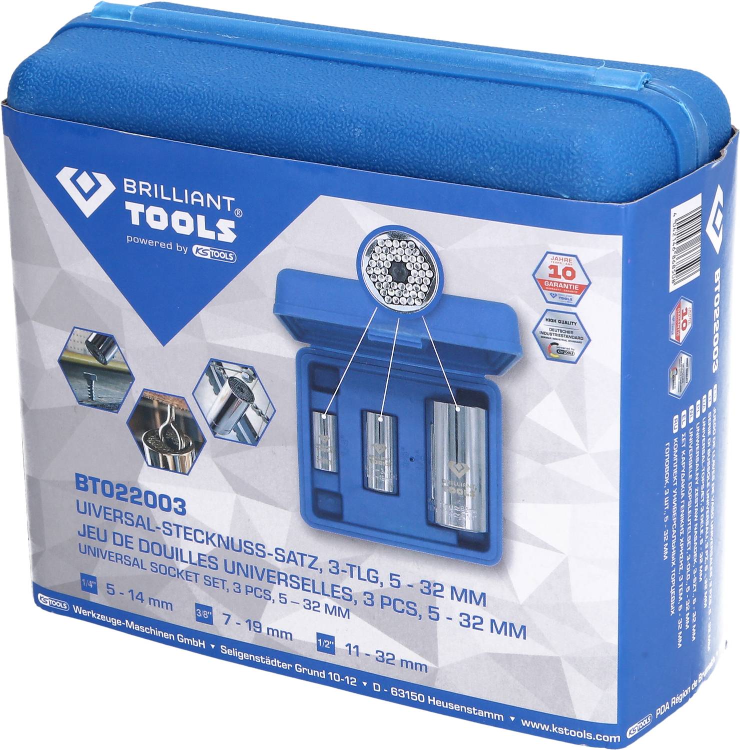 Metal case with 3-piece universal socket set (5-32 mm). Brand: Brilliant Tools. Product information and application display.