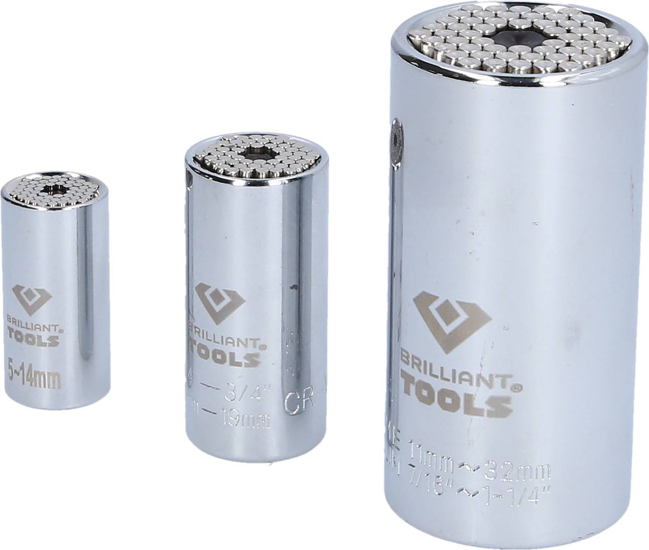 'Three different-sized cylindrical socket keys from the "Brilliant Tools" brand, arranged in a row and graduated according to size.'