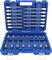 Blue tool case with 20 long socket wrenches in various sizes, neatly arranged in foam inserts, open.