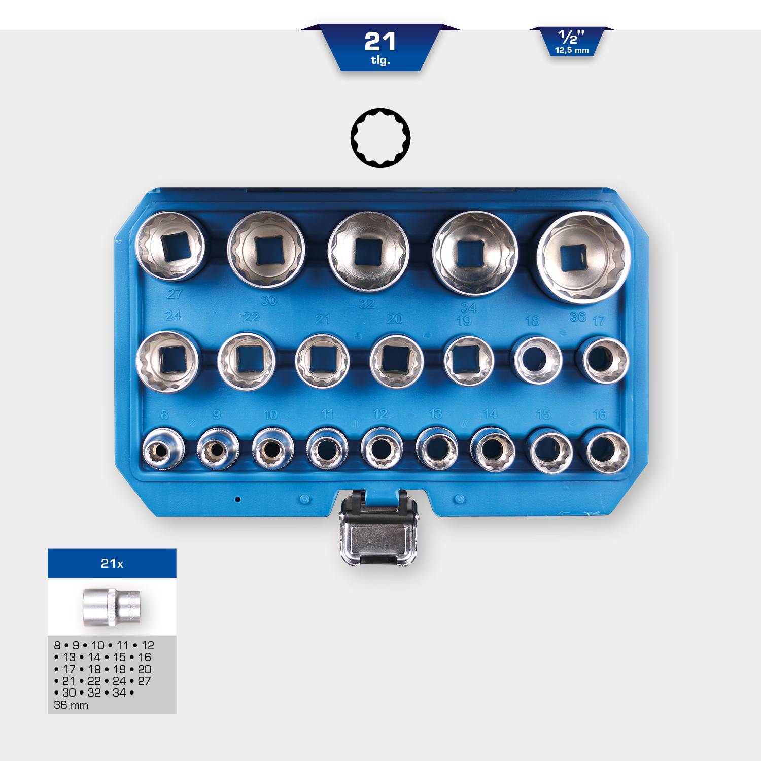 Blue socket wrench set with 21 pieces. Top row of socket sizes 24-8 mm in 8 rows. Bottom row showing 21 sizes. 1/2 inch screw on top.