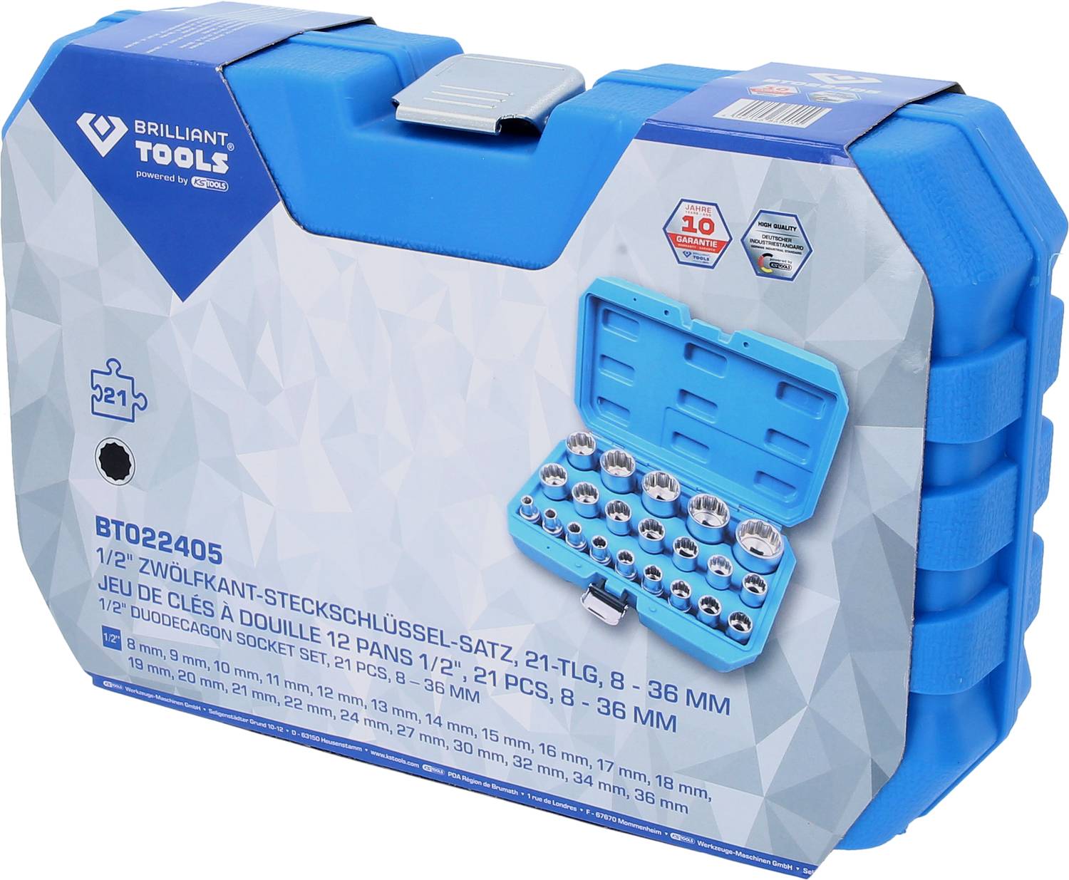 A tool case, blue with hammer design, contains a 21-piece socket wrench set from 8 to 36 mm; contents pictured on the case.