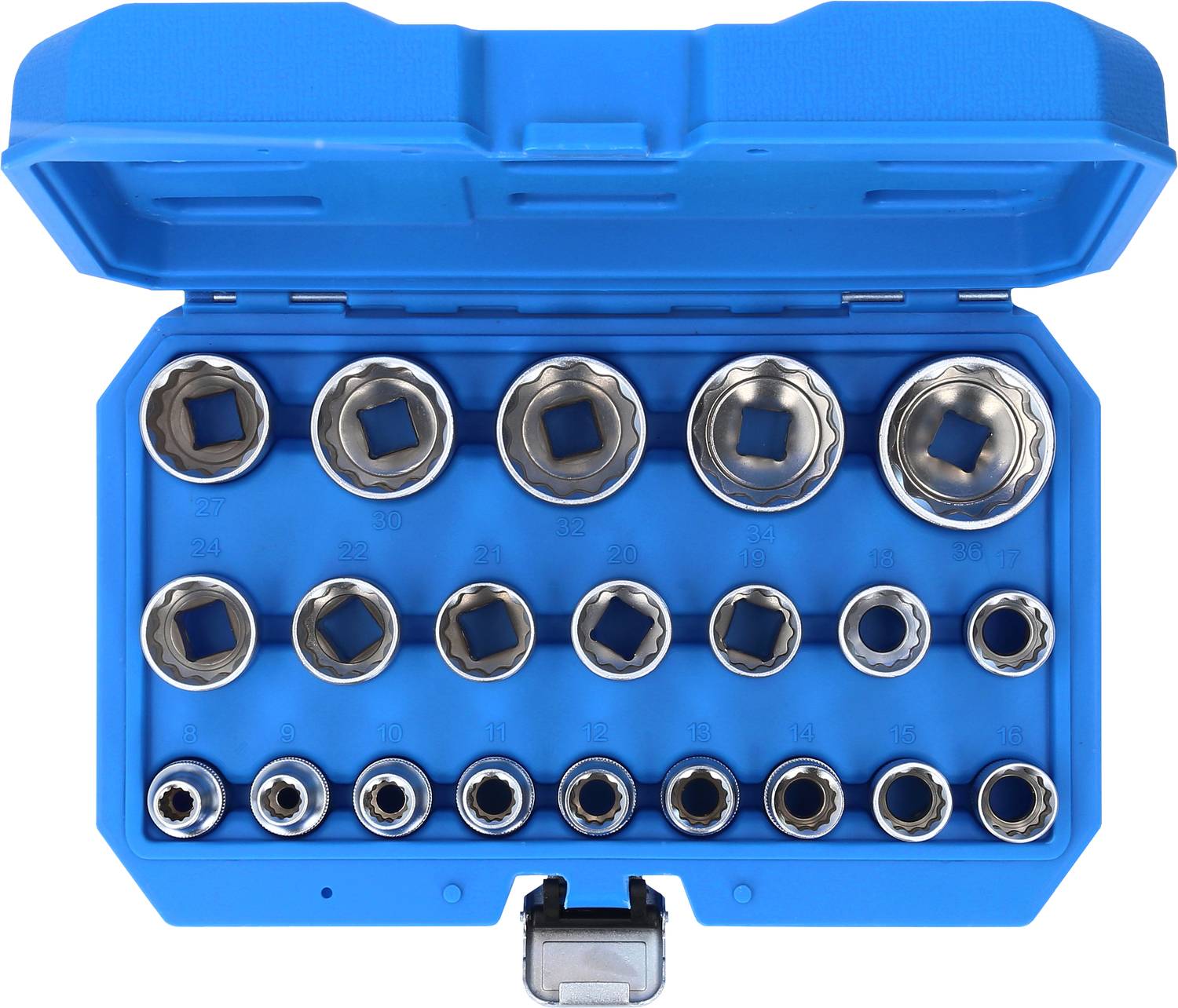 An open blue toolbox containing 24 different socket sizes, arranged in two rows according to size.