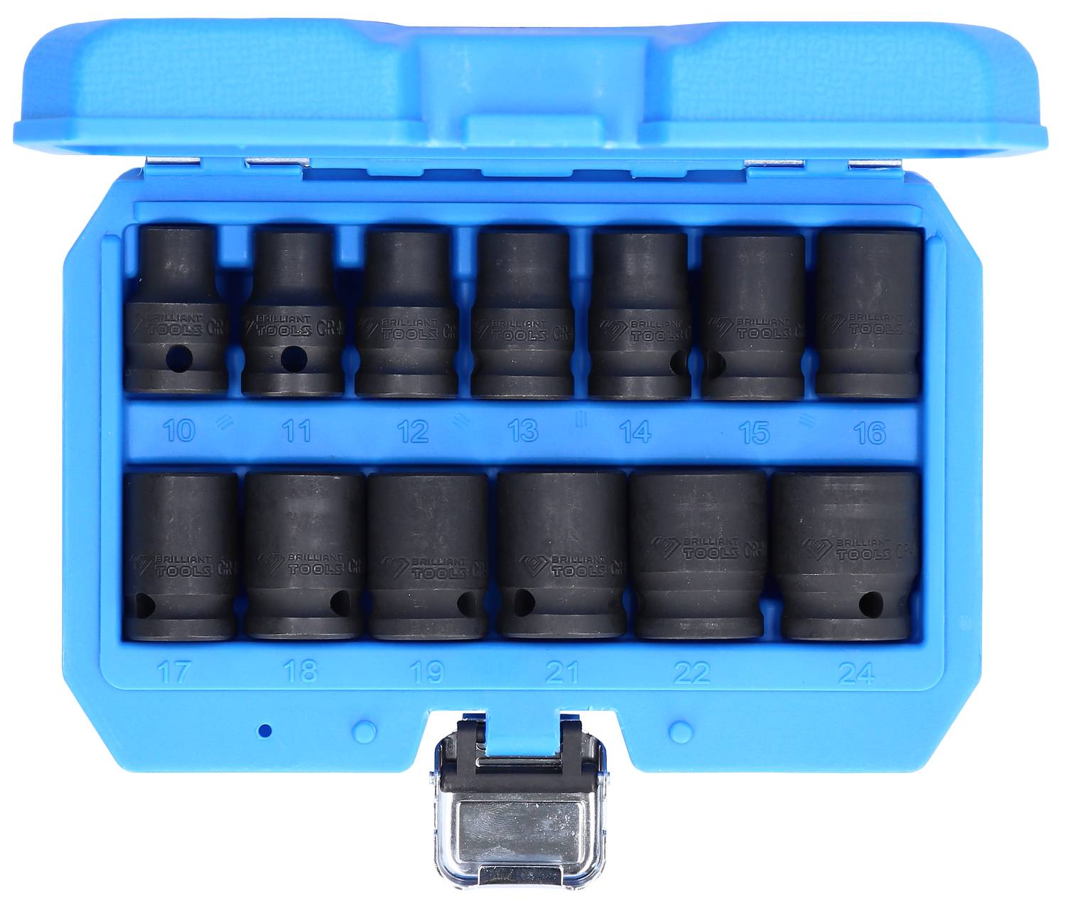 A set of socket wrenches in a blue plastic case, numbered from size 10 to 24, arranged in two rows.