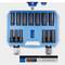 Blue case with 13-piece socket set in various sizes, arranged in two rows. Bottom view of a 13 mm socket.