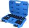 A blue toolbox containing a selection of black socket key attachments in various sizes, neatly arranged.