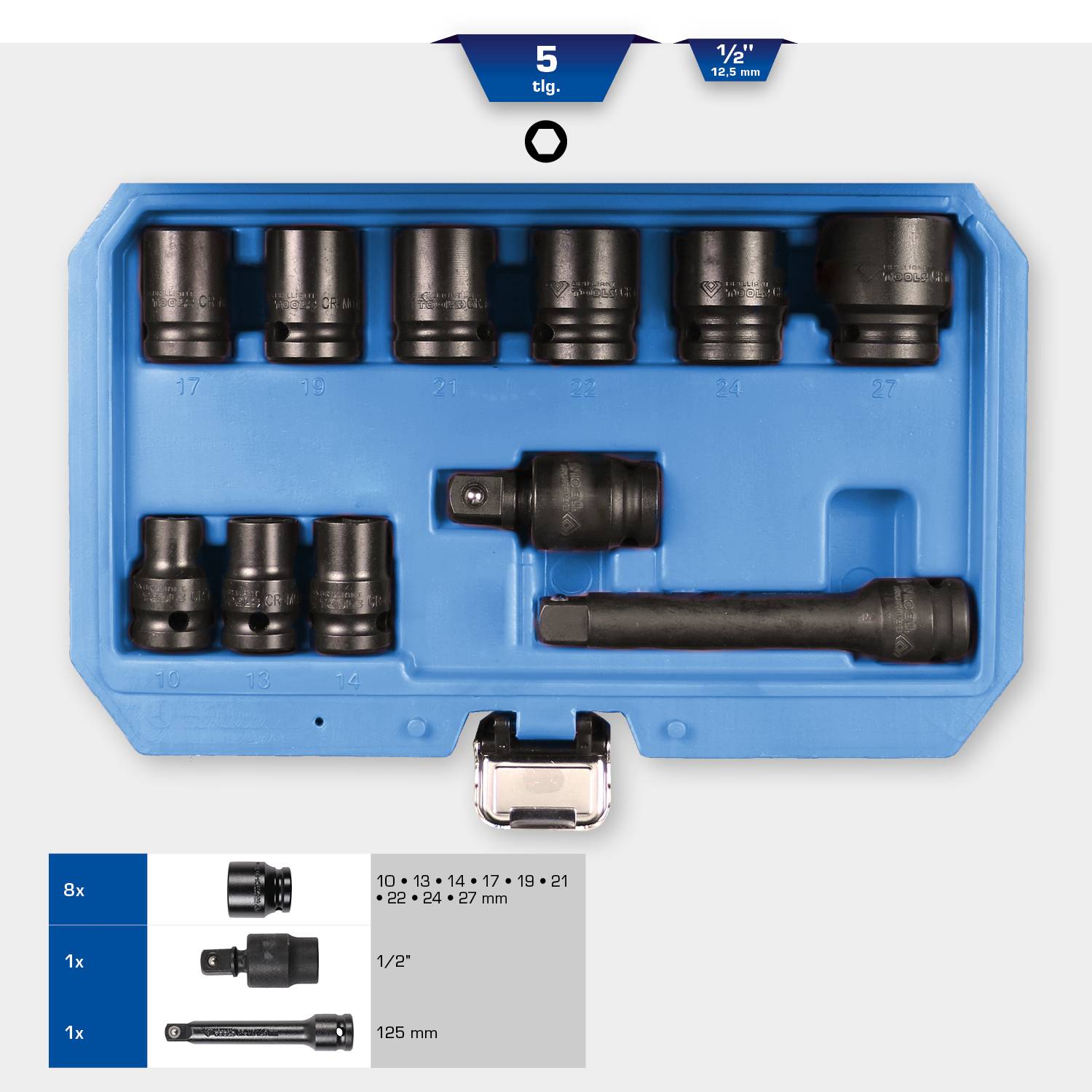 'Set of 8 socket nuts with extension and adapter, sizes from 10 to 21 mm, in a blue box, 1/2 inch drive.'