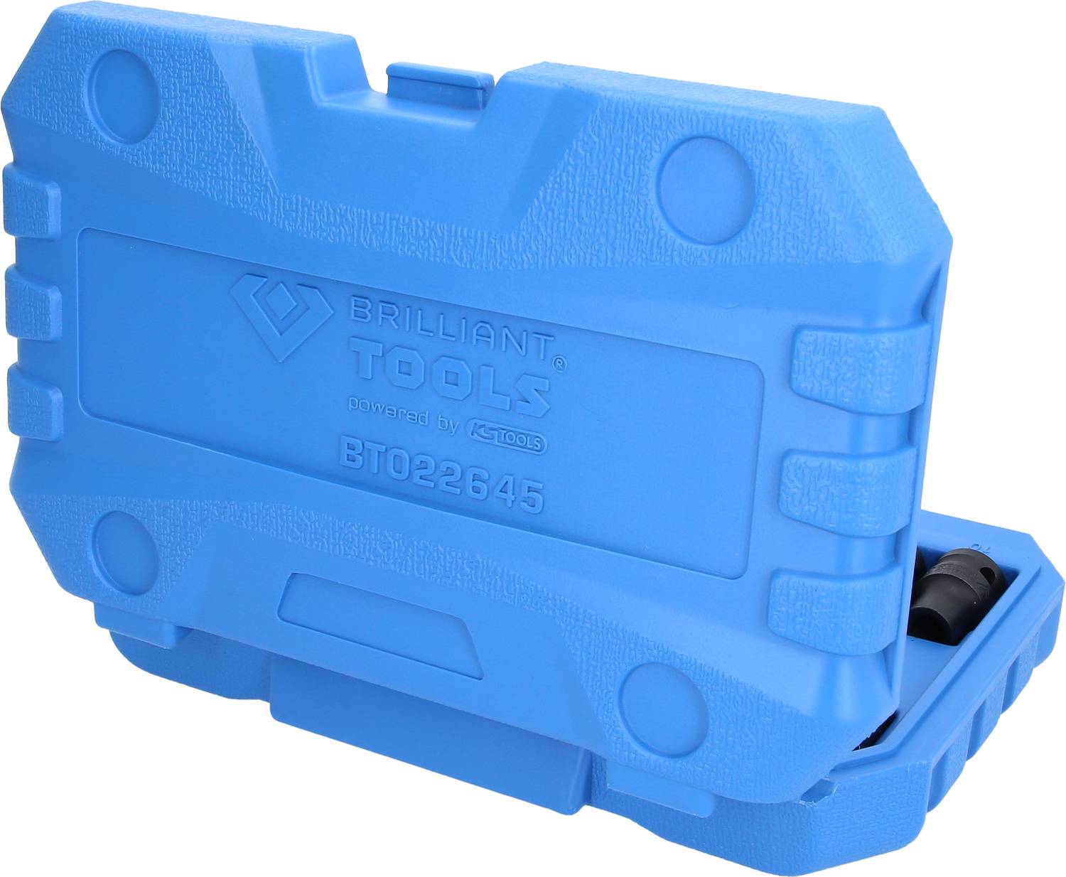 Blue tool case with the inscription 'BRILLIANT TOOLS BT022645', closed and showing its robust structure.