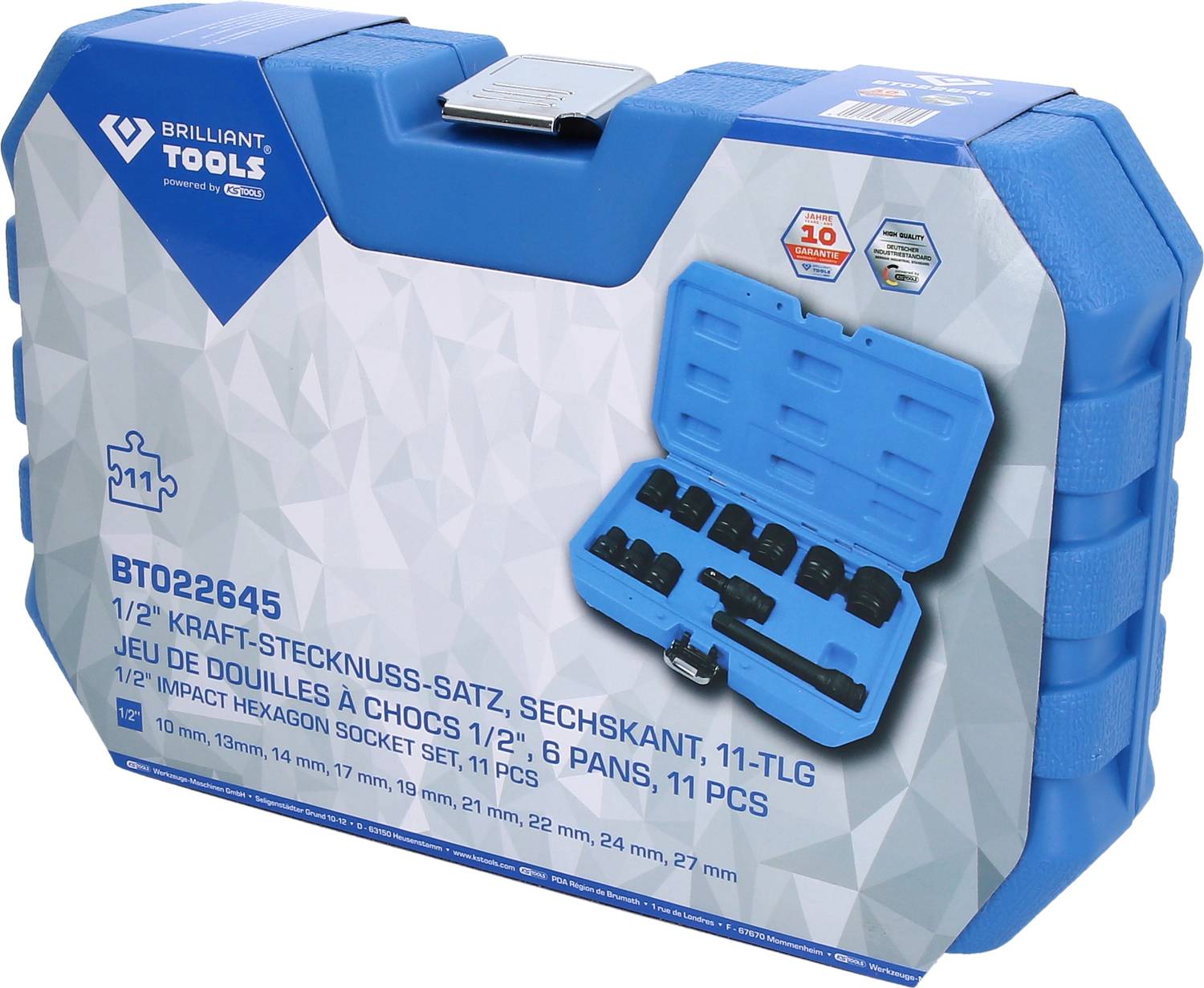 Blue tool case with 11-piece power socket set, hexagonal, BT022645. Contains various sockets and accessories.