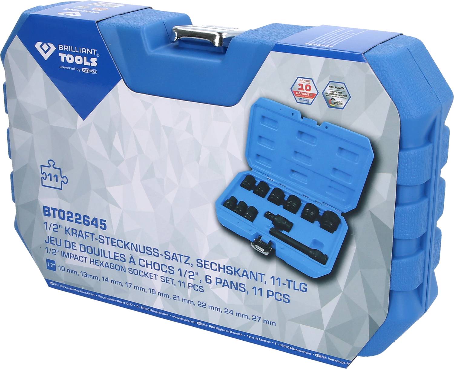 Blue case with '1/2" Power Socket Set, 11-piece' in various sizes. Contains 11 sockets with hexagonal design.