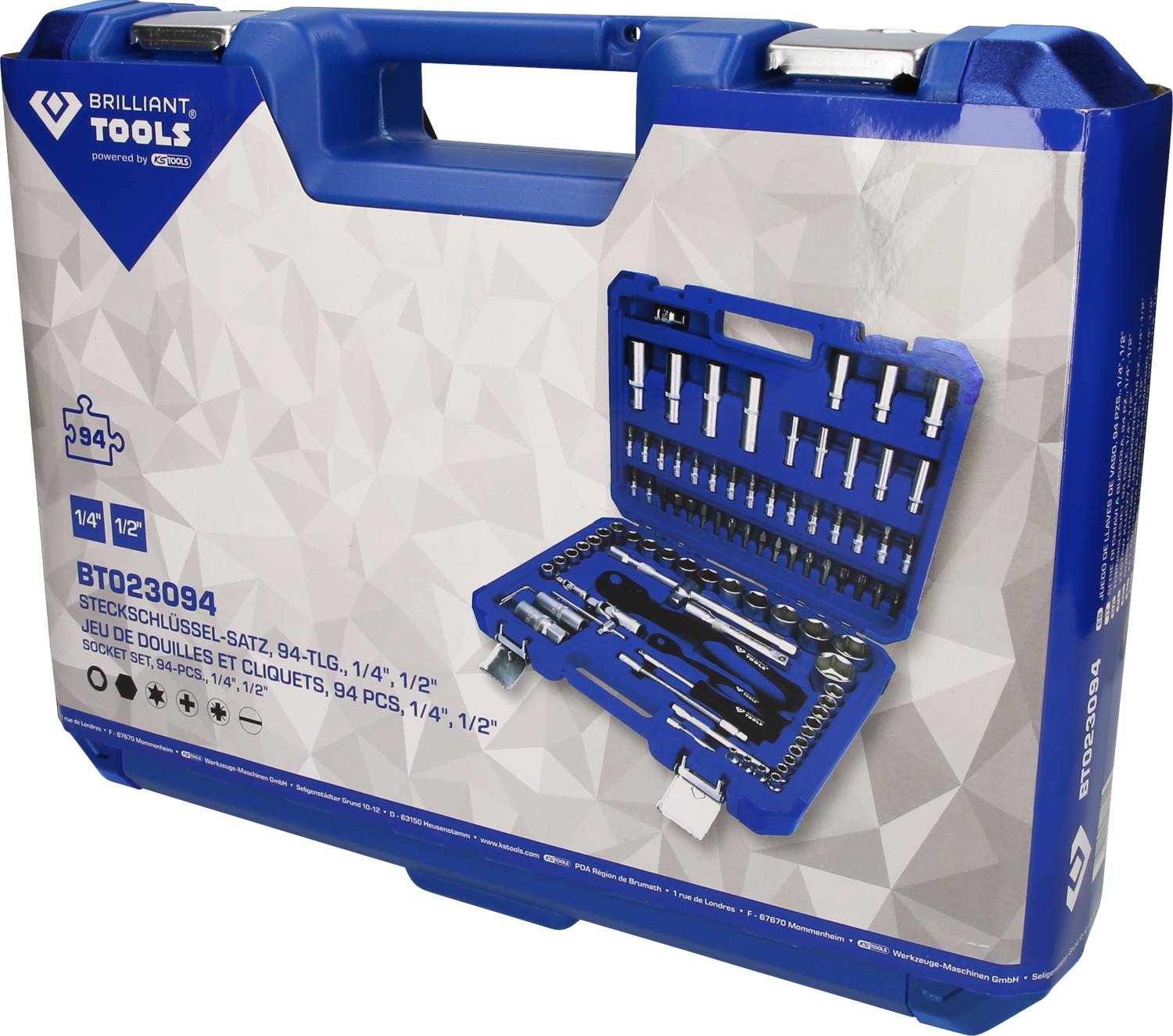 A blue tool case by Brilliant Tools, model BT023904, contains an 84-piece socket wrench set in 1/4" and 1/2" sizes.
