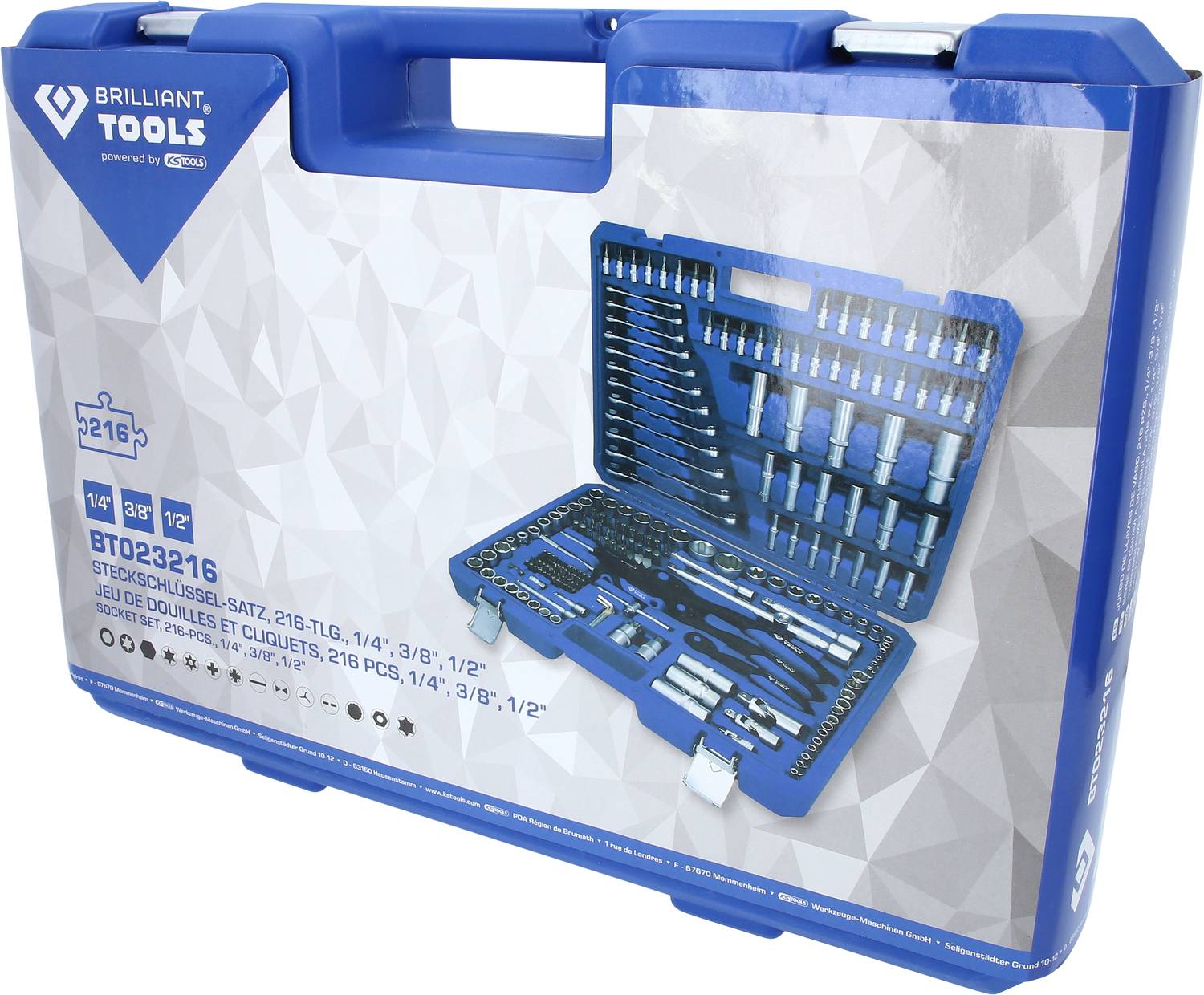 Toolkit with a socket wrench set, 216-piece. Contains various socket wrench sizes from 1/4", 3/8" up to 1/2".