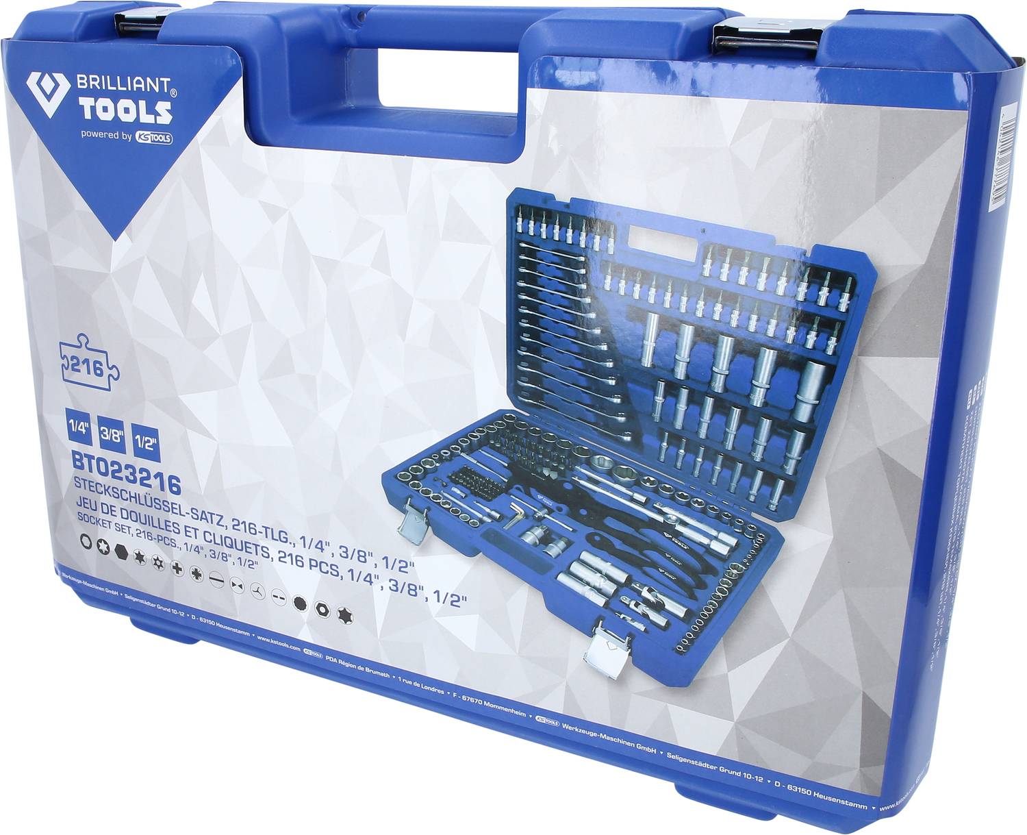 Blue tool case with 216-piece socket set, including ratchet handles and bits. Includes size specifications '1/4"', '3/8"', '1/2"'.