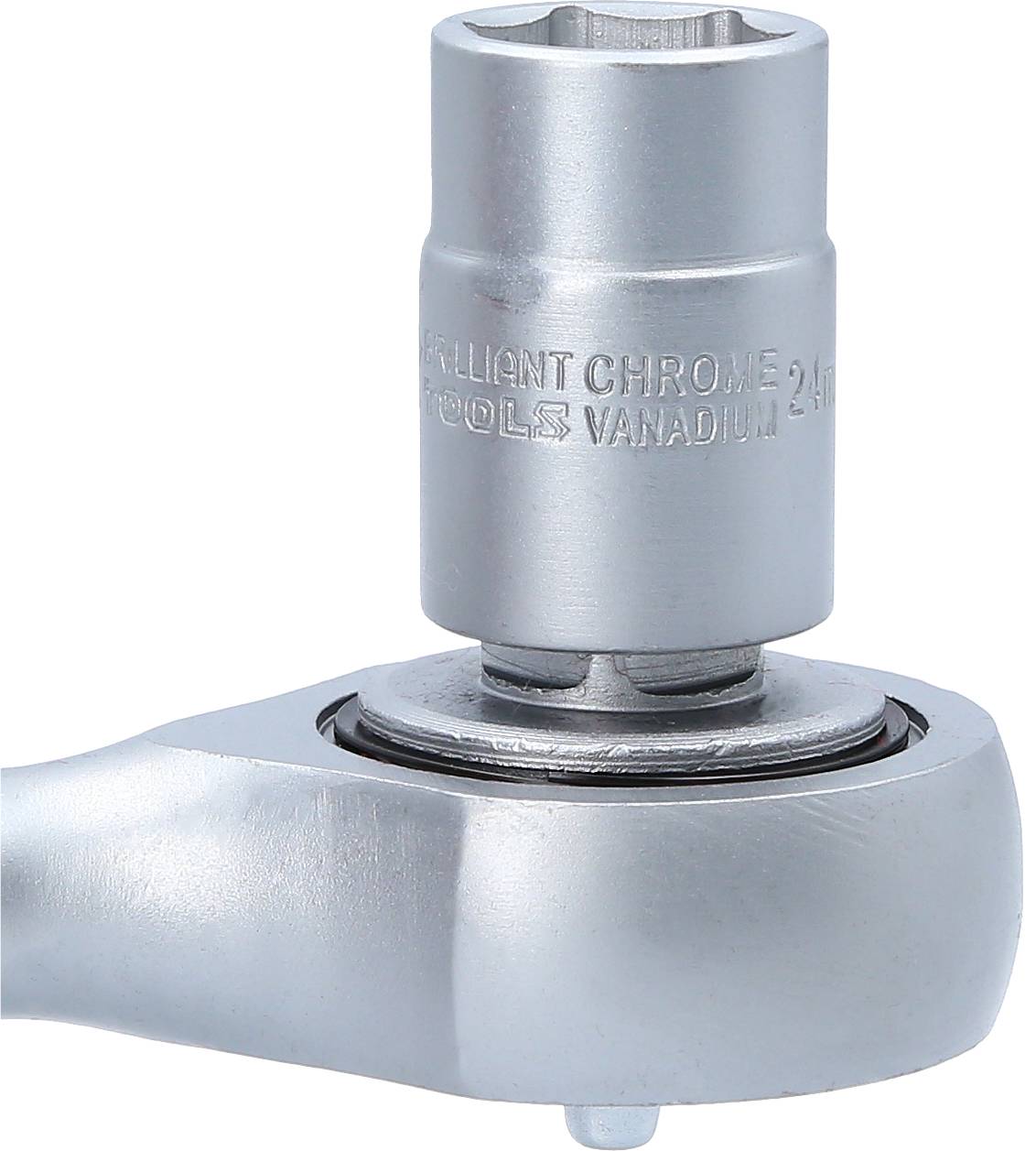 Close-up of a silver socket wrench with a ratchet. The socket wrench is manufactured from chrome vanadium steel.