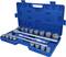 Blue plastic toolcase with open lid, containing a socket wrench set comprising a ratchet, extension bars and various nuts.