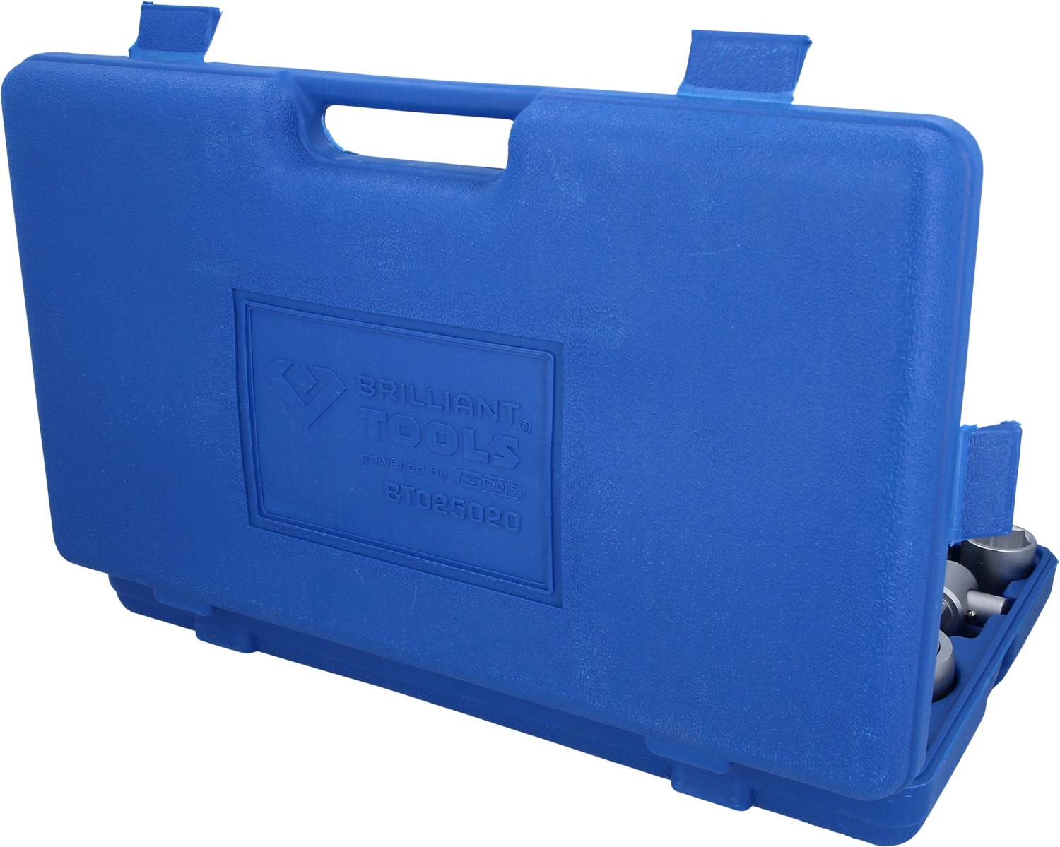 Blue tool case with a hinged lid. Visible inscription 'Brilliant Tools'. Contains several socket key attachments.