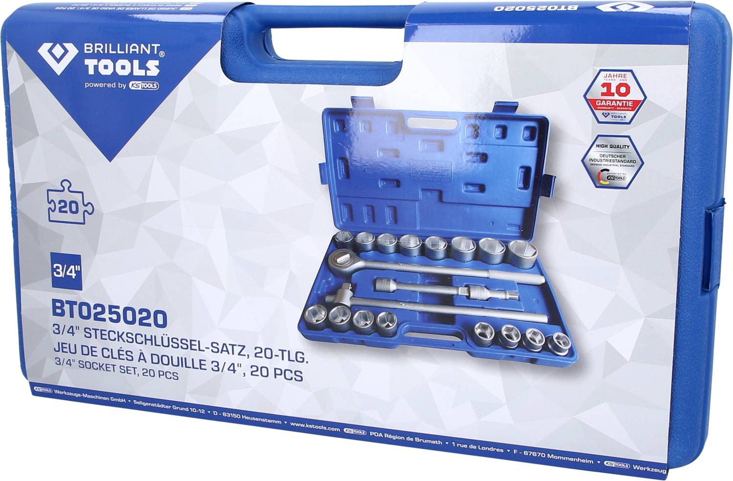 'Socket Spanner Set BT025020, 20-piece, with blue case and warranty information on the right.'