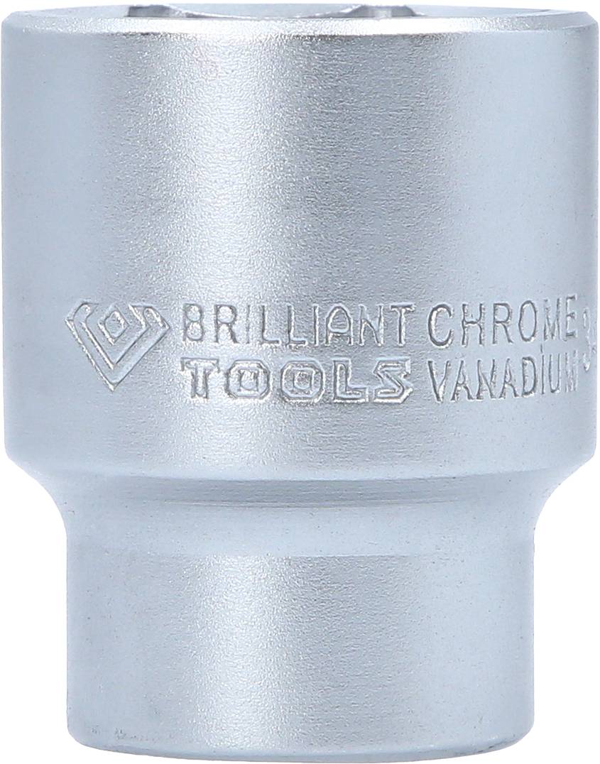 Metal socket with engraved inscription 'BRILLIANT CHROME TOOLS VANADIUM', serves as a craftsman's tool.