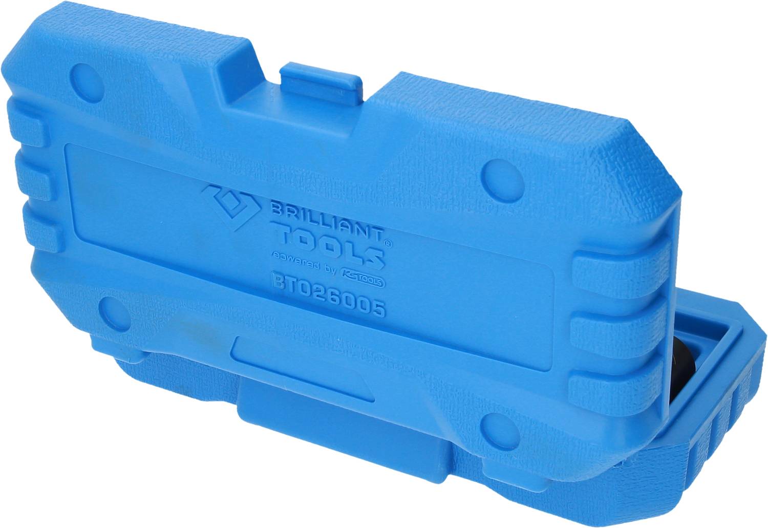 Blue tool box made of robust plastic, rectangular in shape with grip grooves. When opened, it reveals compartments for storing tools.