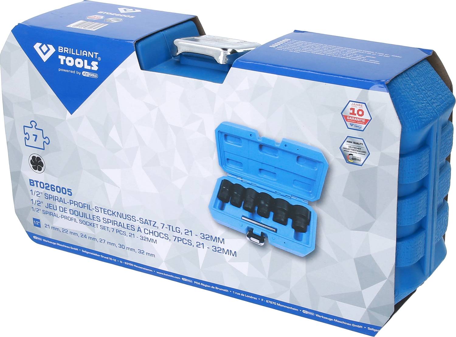 'Brilliant Tools' Half-Inch Profile Socket Set, 7-piece, 21-32 mm in blue case. Packaging shows tool details.