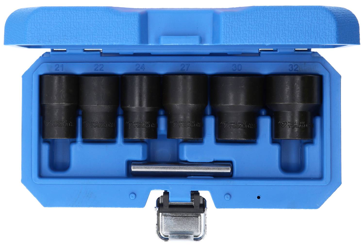 Blue case with six black socket keys and a short extension bar, with corresponding sizes ranging from 21 to 32 mm printed on it.