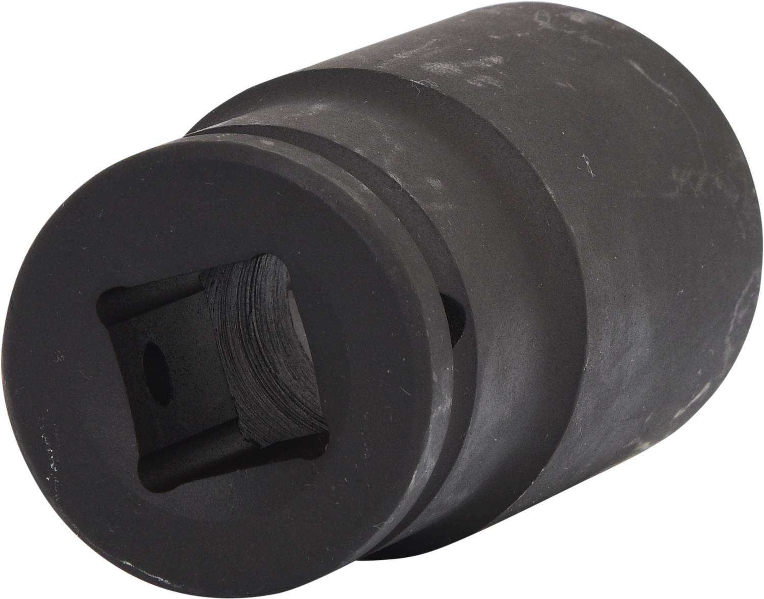 A black metal six-sided impact socket, used for loosening or tightening nuts and bolts with a torque wrench.