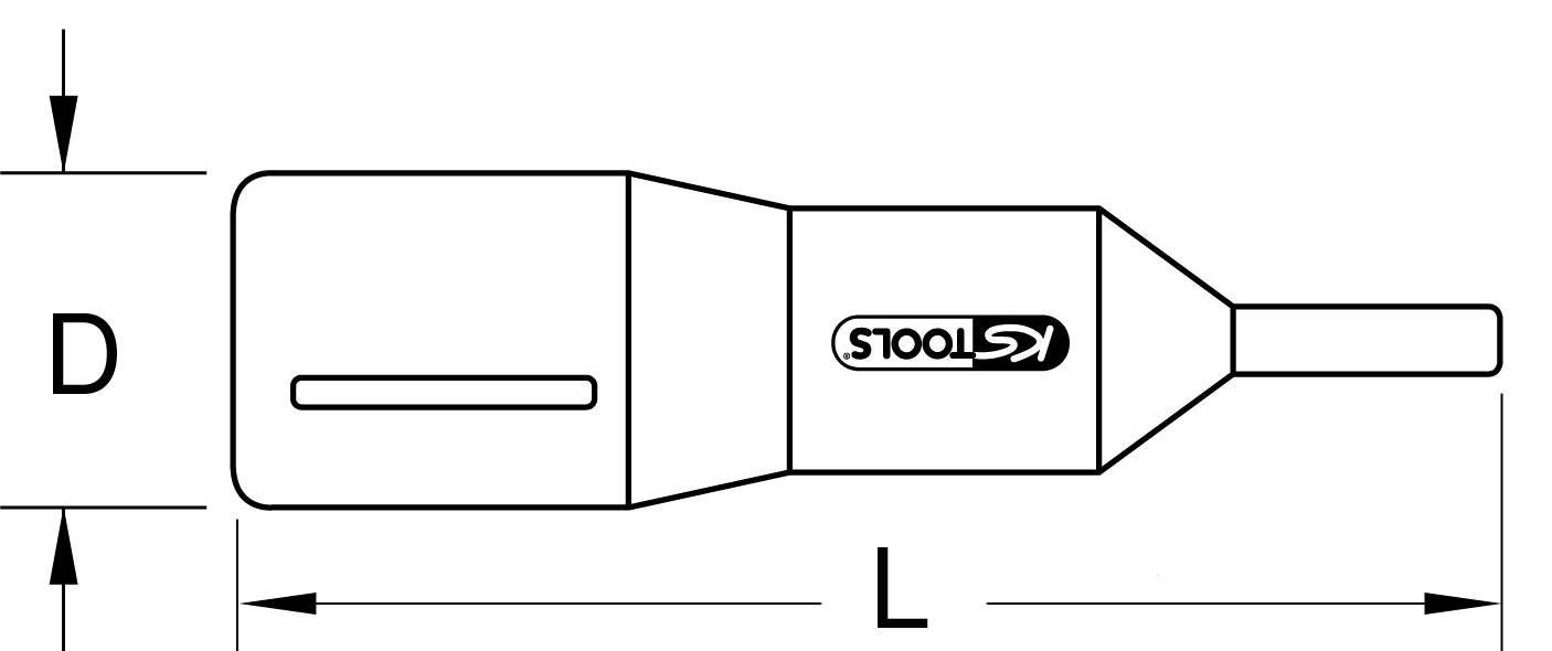 Technical drawing of a tool with dimensions D and L. The tool has a rectangular head, a narrower extension, and the logo 'KS TOOLS'.
