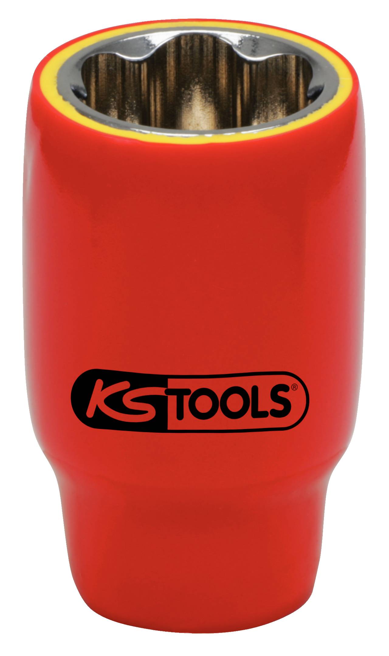 A red isolated nut from KS Tools, with a metallic interior, specifically designed to protect against electric shocks when working on electrical equipment.