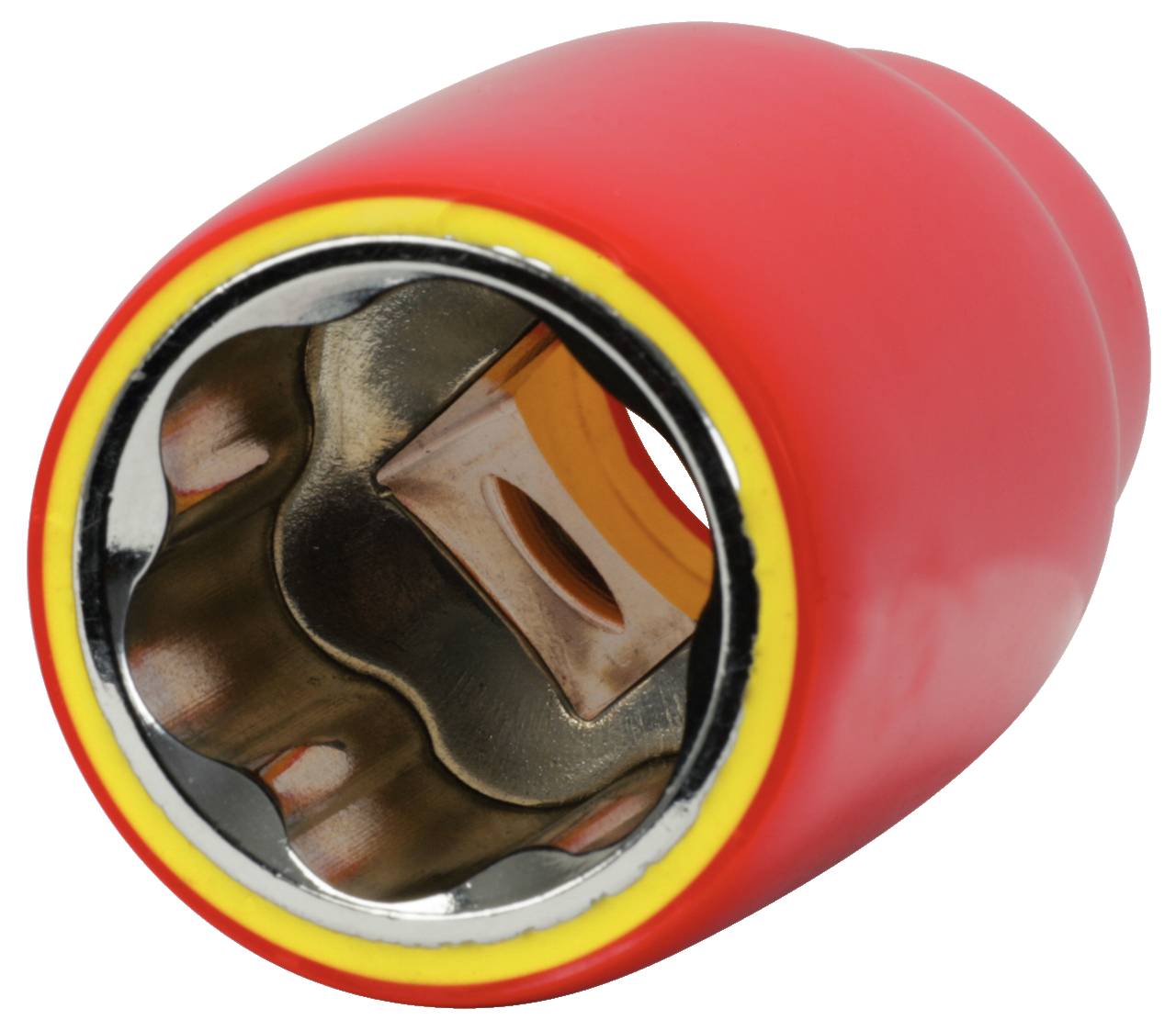 Red socket extension with a yellow ring, suitable for various screw sizes, manufactured from metal and plastic.
