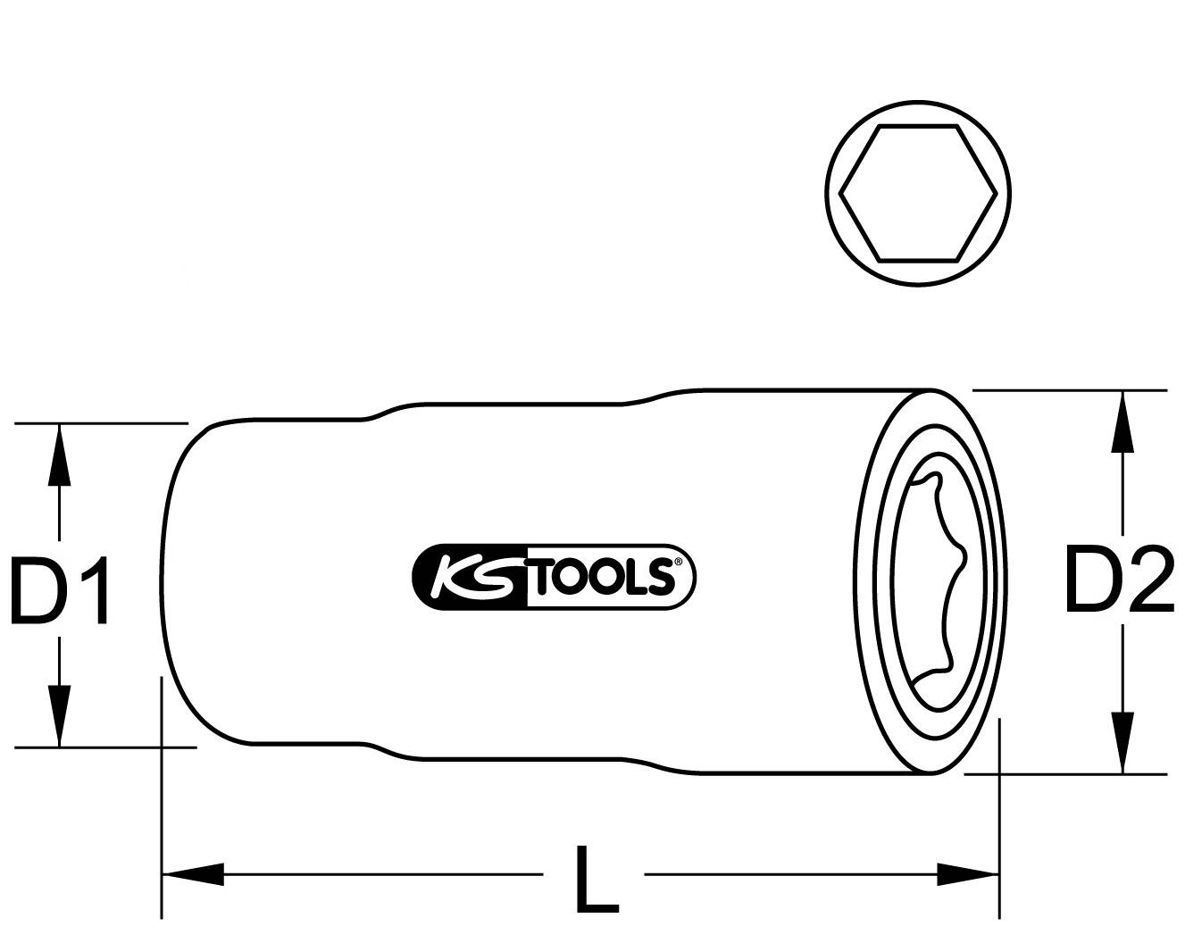 Plug spanner with mixed profile, dimensional diagram; shows length and diameter specifications (D1, D2, L) and KS Tools logo.