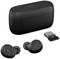 Wireless black earbuds with a charging case and a USB dongle beside them, suitable for Bluetooth connections and wireless audio usage.