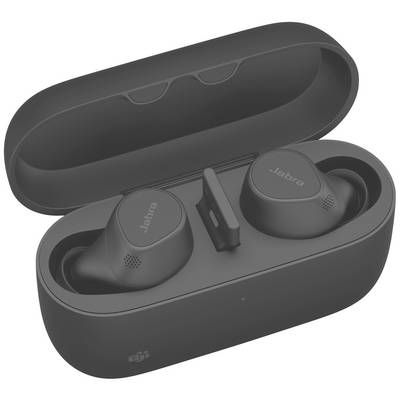 Wireless black earbuds in a charging case, opened and viewed from above. Marked with 'Jabra'.