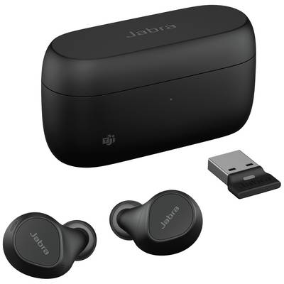 Black Jabra earbuds with charging case and USB adapter.