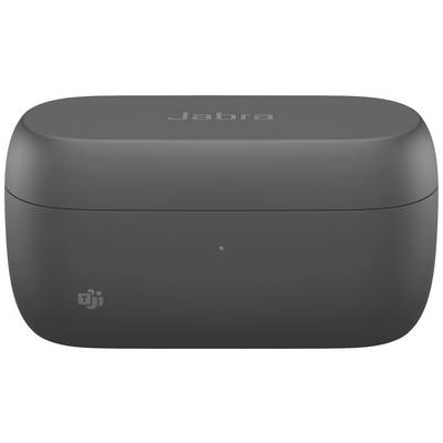 The image depicts a closed, black Jabra charging case for wireless earphones. It has a smooth surface and a subtle, silver DJI logo in the bottom left corner.