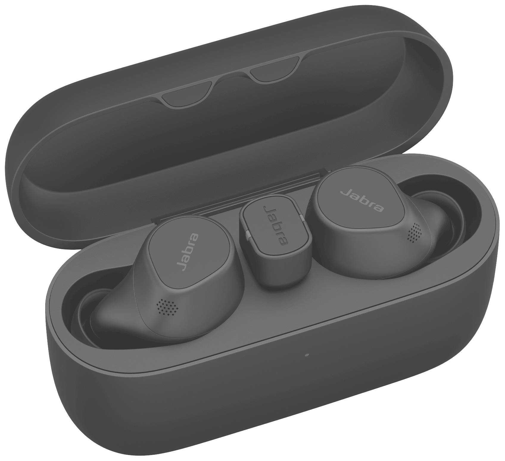 Wireless black earbuds are sitting in an open charging case. They are compact and feature small microphone openings.