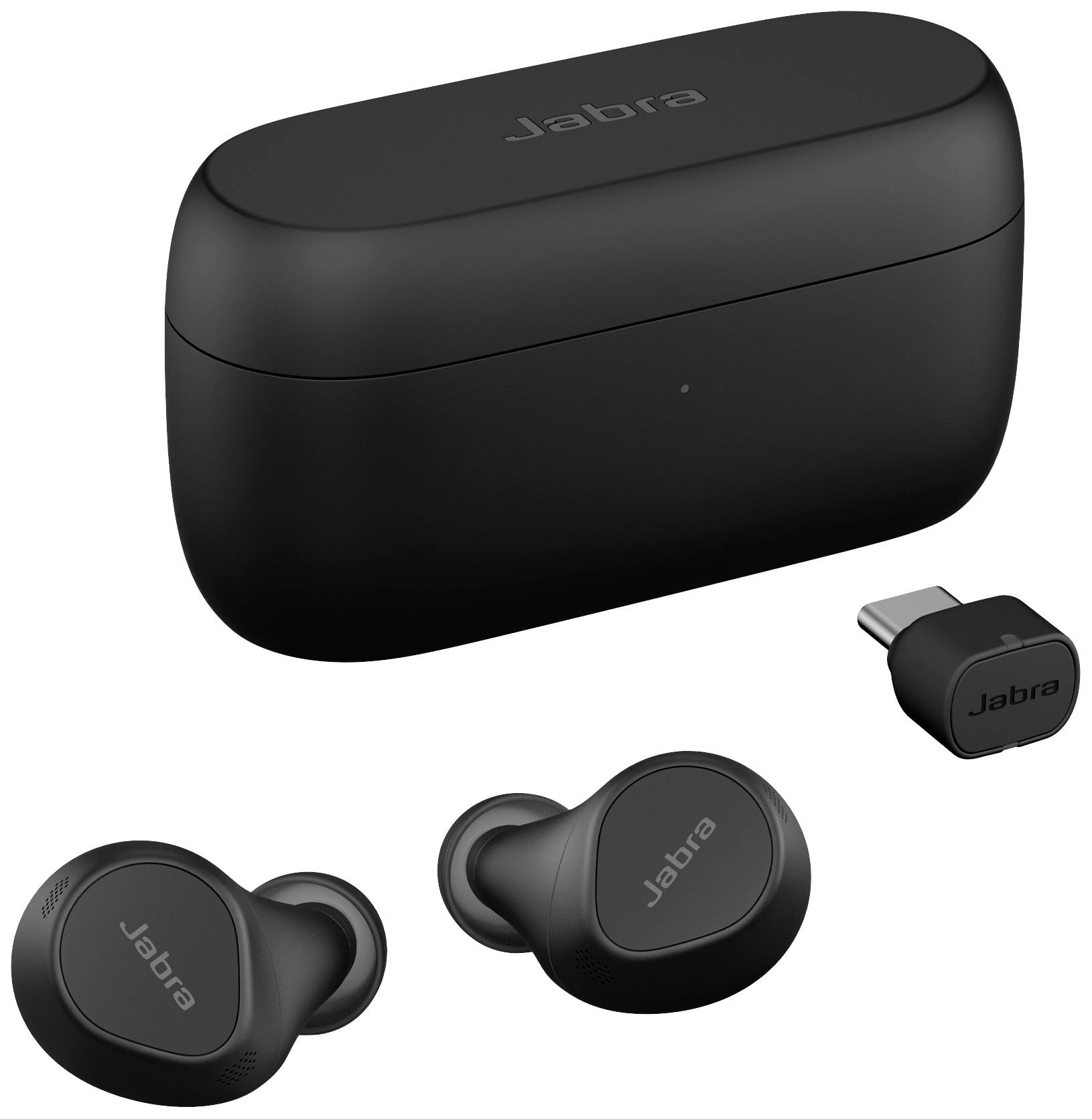 Black wireless earbuds with charging case and USB adapter, brand 'Jabra'.
