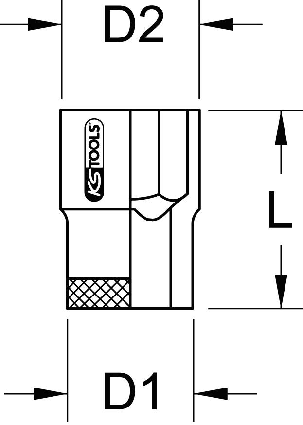Technical drawing of a socket with dimensions D1, D2 and L; showing KS Tools logo and relevant to tool design.