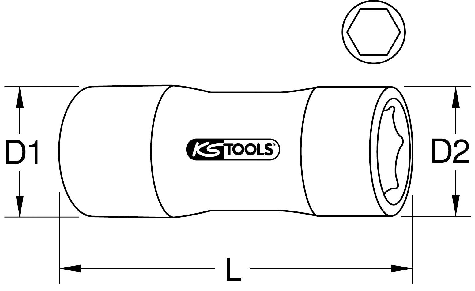 Figure of a hexagonal extension sleeve with labels: Diameter D1, D2 and Length L. KS Tools logo is visible.