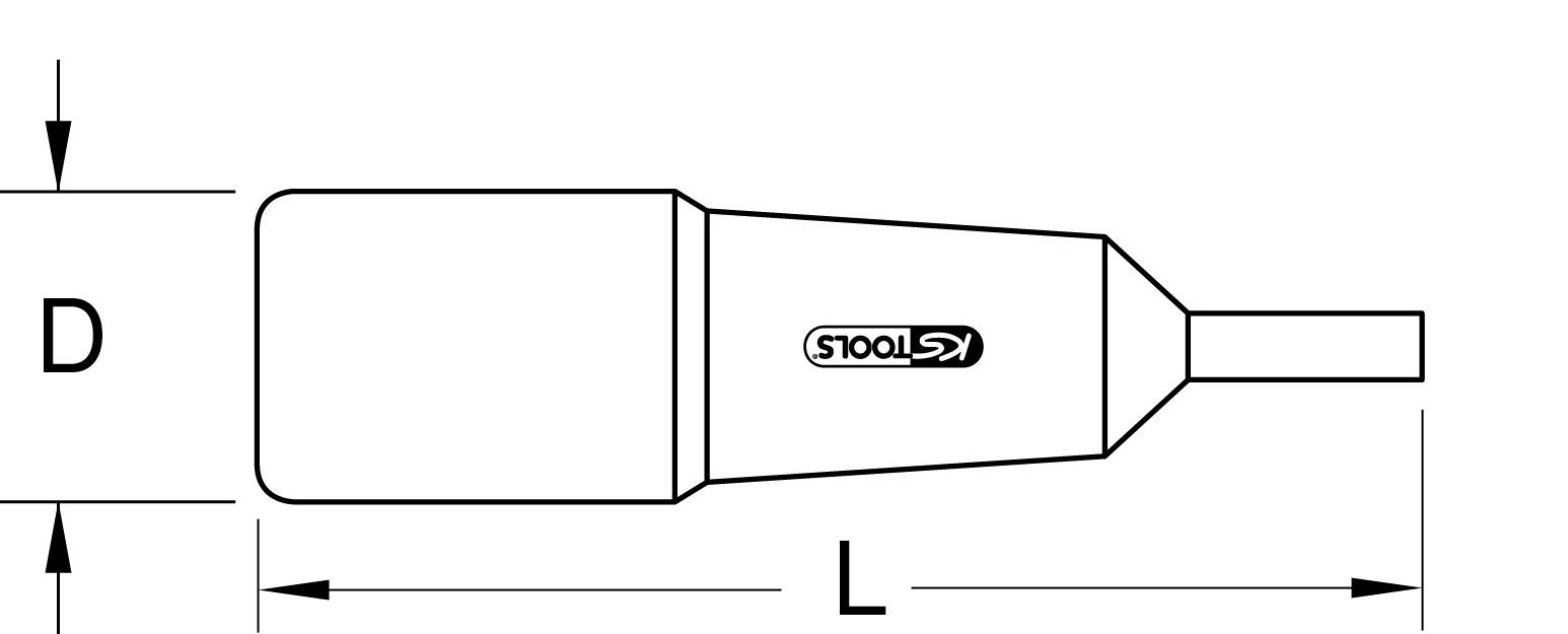 Drawing of a tool with 'KS Tools' marking, illustrated with dimensions D and L. Profile shows bottle-like shape with narrow grip end.