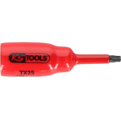 Red KS Tools TX25 screwdriver with a black tip, close-up view.