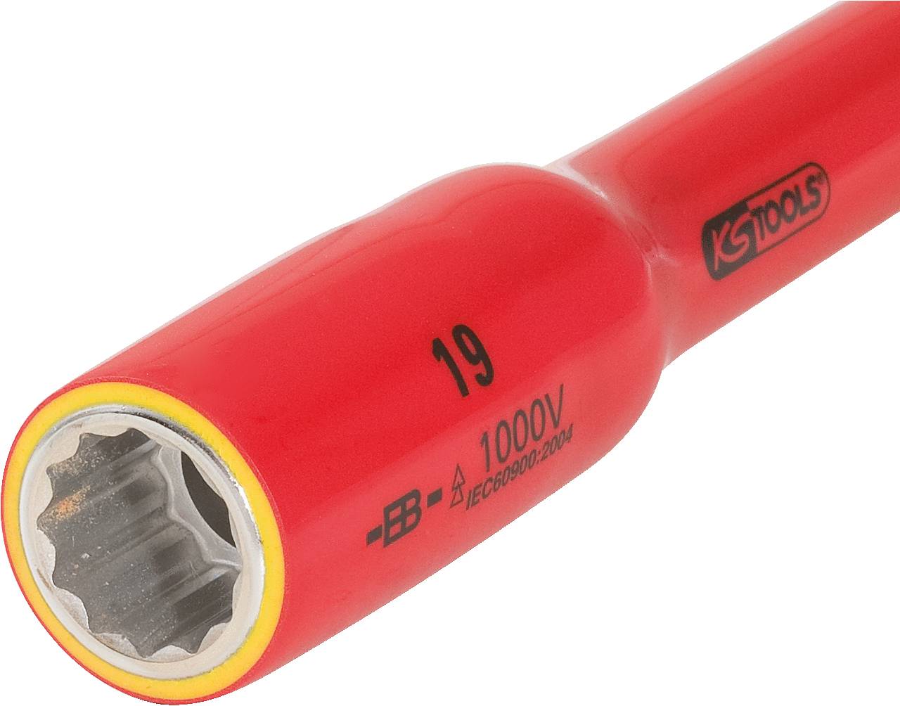 Red insulated socket wrench with 19 mm size, tested up to 1000V, suitable for electrical work.