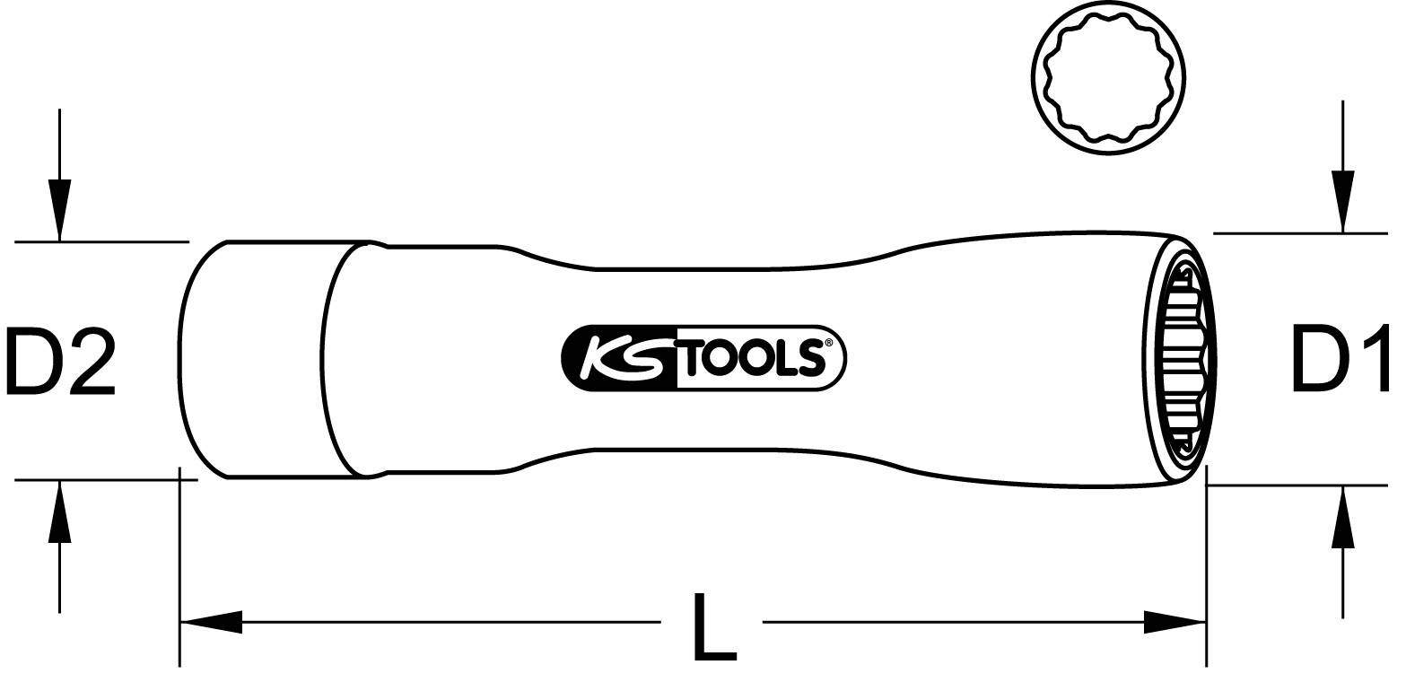 'Illustration of a socket wrench with dimensions D2, L and D1 described. A KS Tools logo is visible in the centre.'